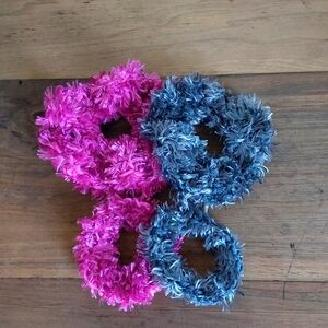 4 Crochet Scrunchies Pink & Gray Fluffy Fur  and  Hair Ties Set